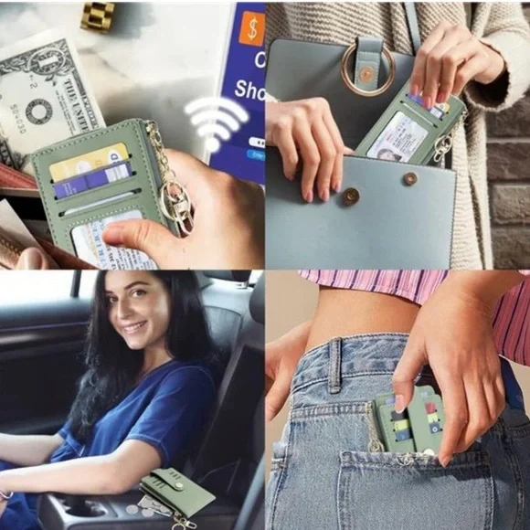 Leather Bifold RFID Blocking Credit Card Holder 1-PU Leather-Green - Picture 5 of 7